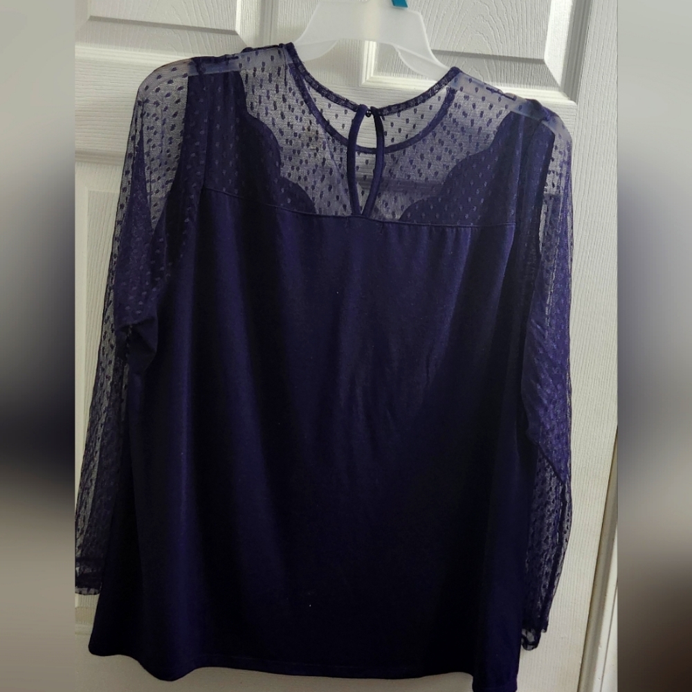 Women's Navy Blue Sheer Sleeve Top